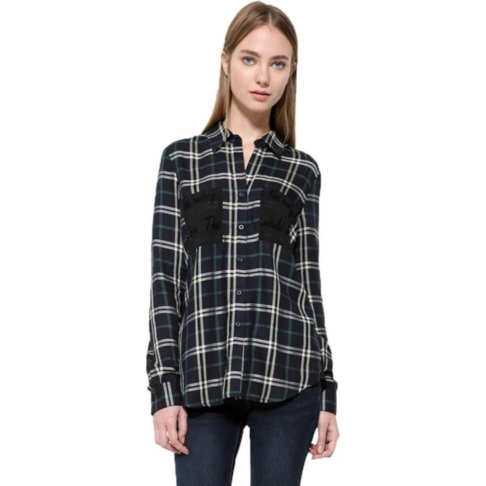 Desigual Top Grunge Lumberjack Boho Outdoor Button Plaid Blue Green XS